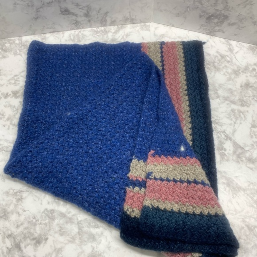 Hand Made crochet striped lap throw blues,‎ gray, pink 35” X 38”